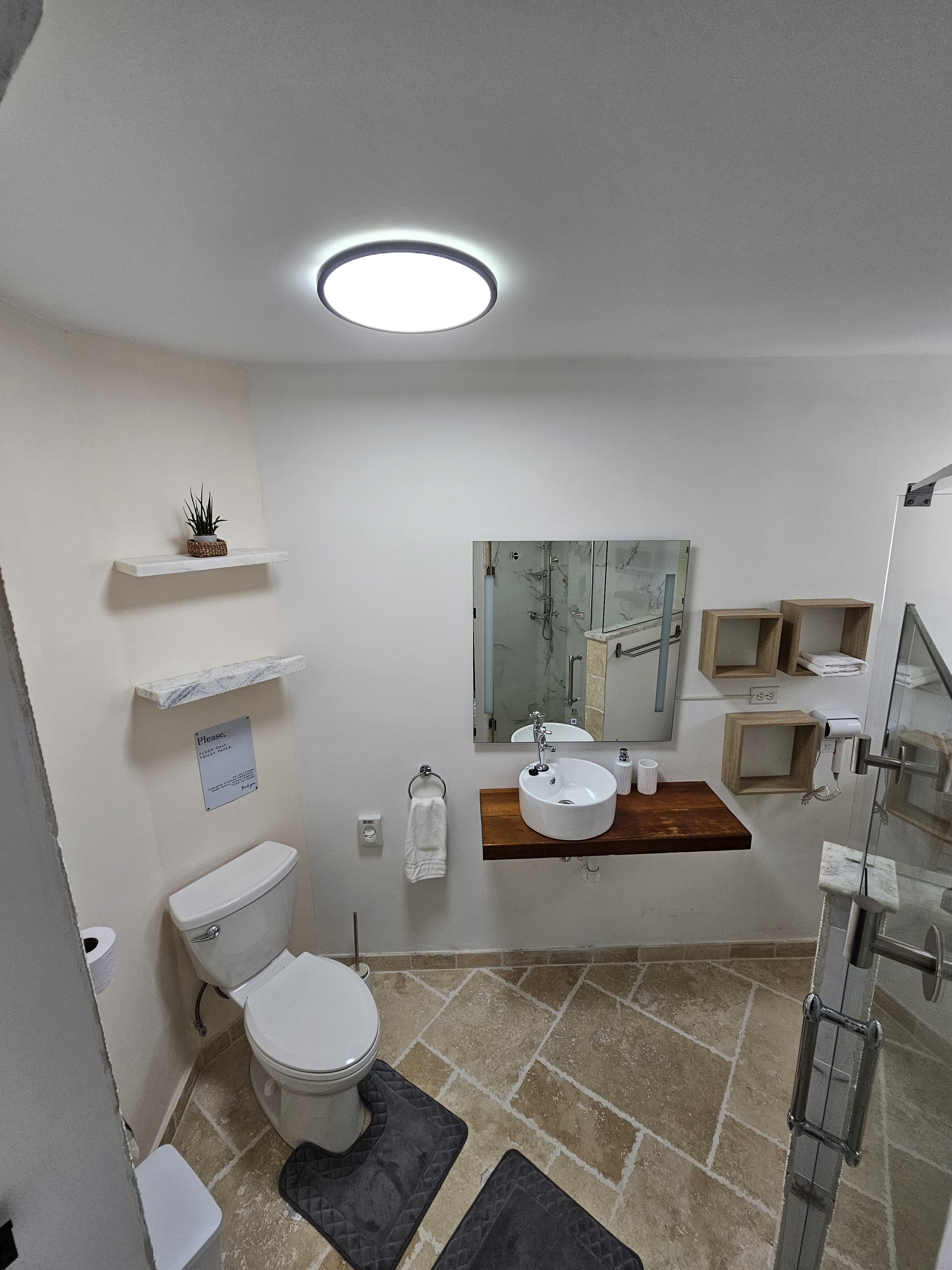 Toilet en houten wastafelblad